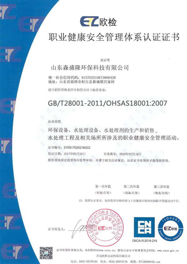 森盛隆国际职业健康管理体系认证证书